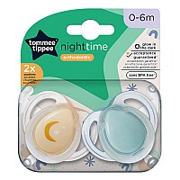 Ортодонтични залъгалки Tommee Tippee NIGHT TIME 0-6м, 2 бр./оп., оранж/зелен, декор луна Tommee Tippee Ортодонтични залъгалки NIGHT TIME 0-6м, оранж/зелен, декор луна