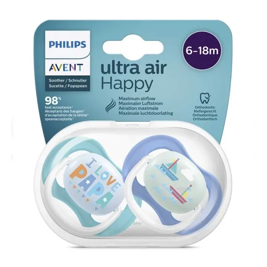 Philips AVENT Ортодонтични залъгалки Ultra Air Happy + стерилизаторна кутия (6-18м), НАДПИС/ЛОДКА, 2 бр./оп. Philips AVENT Ортодонтични залъгалки Ultra Air Happy + стерилизаторна кутия (6-18м), НАДПИС/ЛОДКА, 2 бр./оп.