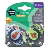 Ортодонтични залъгалки Tommee Tippee FUN FRIENDS, 18-36м, синьо и зелено с декорация Tommee Tippee Ортодонтични залъгалки FUN FRIENDS, 18-36м, син заек/зелен катерица