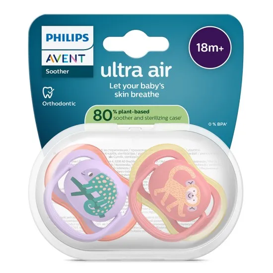 Philips AVENT SCF349/47 Ортодонтични залъгалки Ultra Air 18м+ с картинки момиче Philips AVENT залъгалки Ultra Air SCF349/47, 18м+ хамелеон, лилаво