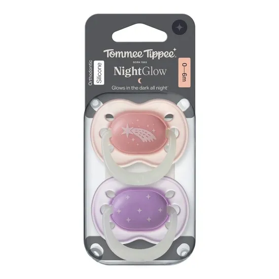 Ортодонтични залъгалки Tommee Tippee NIGHT GLOW 0-6м, 2 броя, розов/лилав Tommee Tippee Ортодонтични залъгалки NIGHT GLOW 0-6м, TT.0308