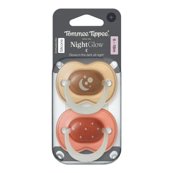 Ортодонтични залъгалки Tommee Tippee NIGHT GLOW 6-18м, 2 броя, пастел/кафяв Tommee Tippee Ортодонтични залъгалки NIGHT GLOW 6-18м, TT.0310