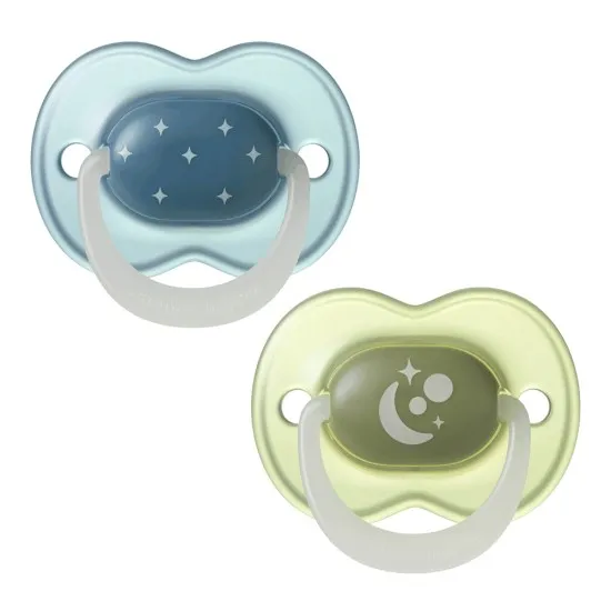 Ортодонтични залъгалки Tommee Tippee NIGHT GLOW 6-18м, 2 броя, зелен/син Tommee Tippee Ортодонтични залъгалки NIGHT GLOW 6-18м, TT.0312