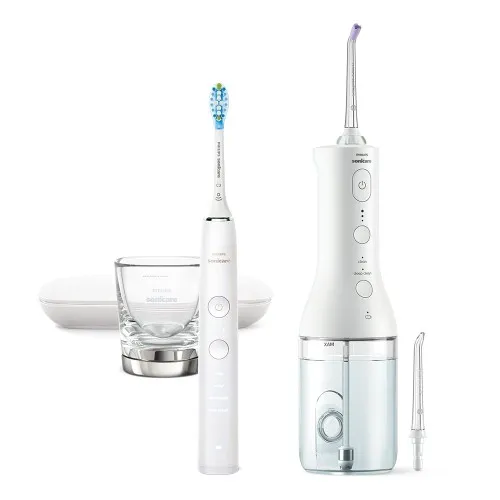 Комплект Орален душ Power Flosser 3000 и Звукочестотна четка за зъби DiamondClean 9000, HX3866/41, бели