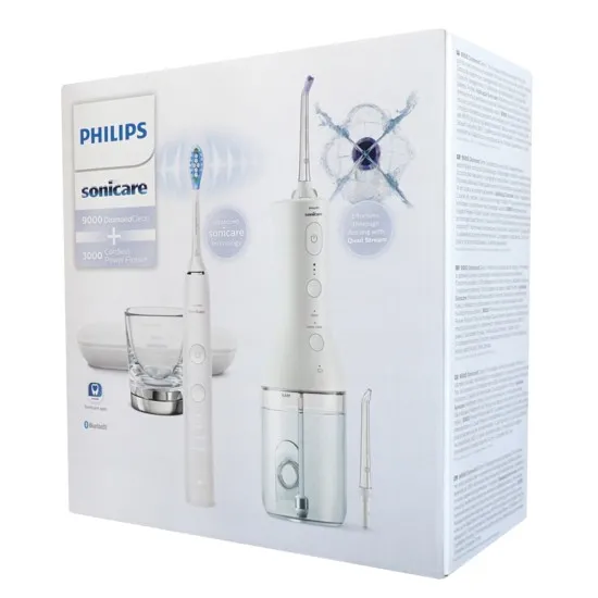 Philips Sonicare Орален душ Power Flosser 3000 Interdental и Звукочестотна четка за зъби Diamond Clean, серия 9000, бяла HX3866/41