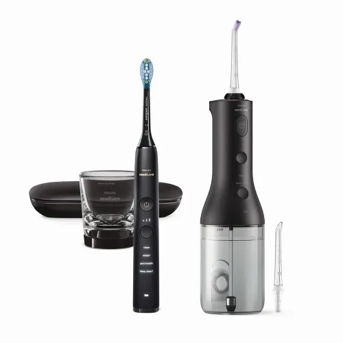 Комплект Орален душ Power Flosser 3000 и Звукочестотна четка за зъби DiamondClean 9000, HX3866/43, черни