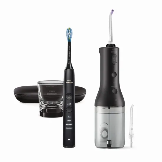 Philips Sonicare Орален душ Power Flosser 3000 Interdental и Звукочестотна четка за зъби Diamond Clean, серия 9000, черна HX3866/43