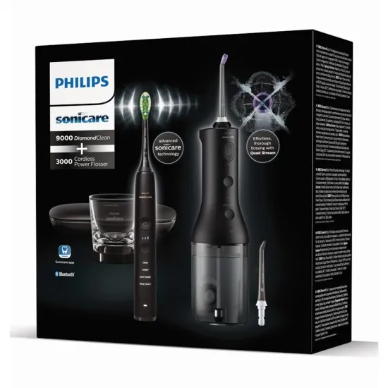 Philips Sonicare Орален душ Power Flosser 3000 Interdental и Звукочестотна четка за зъби Diamond Clean, серия 9000, черна HX3866/43