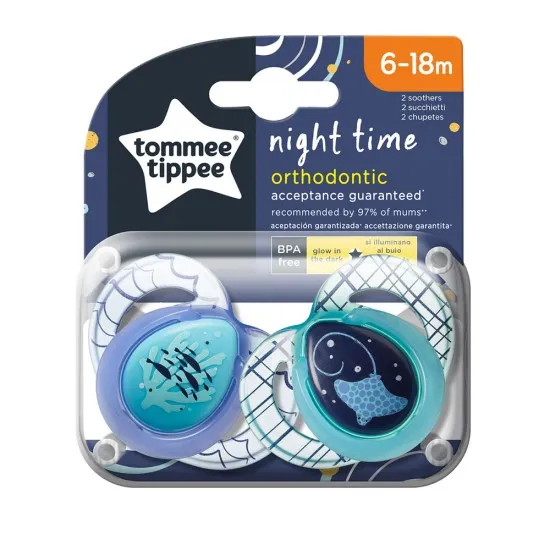 Tommee Tippee Ортодонтични залъгалки NIGHT TIME, 6-18м, 2 бр./оп., Скат 43336285