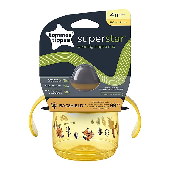 Tommee Tippee SuperStar Неразливаща се чаша с мек накрайник с дръжки 190 мл, BACSHIELD, жълта