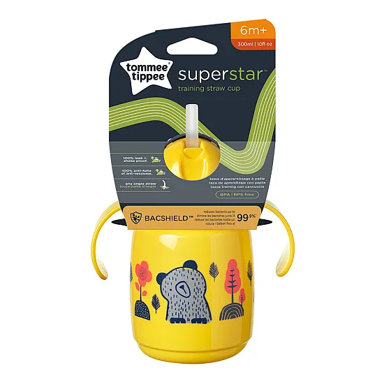 Tommee Tippee SuperStar Неразливаща се чаша със сламка с дръжки 300 мл 6м+, BACSHIELD, жълта