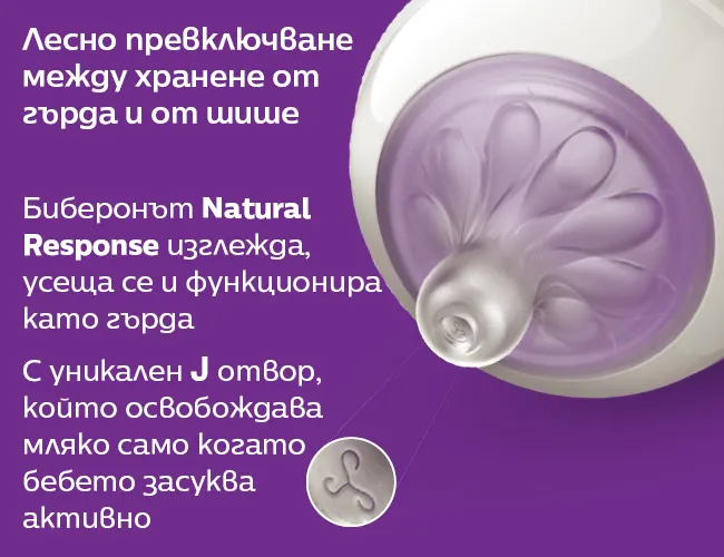 Биберонът без протичане Natural Response изглежда, усеща се и функционира като гърда