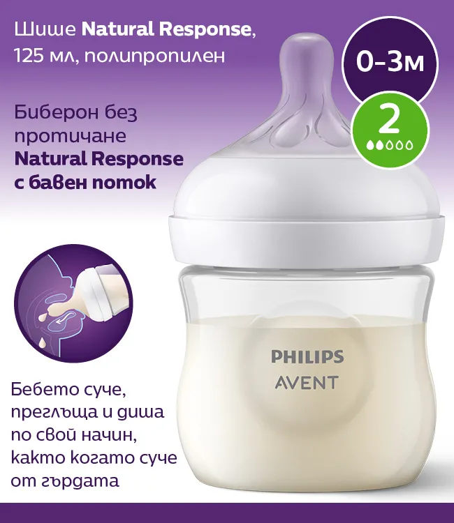 Шише за хранене Philips AVENT Natural Response 125мл Подпомага индивидуалния ритъм на хранене на бебето, както при кърмене