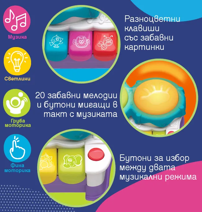 Функции на образователната музикална играчка PLAYGRO Пиано и Барабани 2 в 1 Музикална играчка PLAYGRO Пиано и Барабани 2 в 1 с 20 мелодии, разноцветни клавиши, светещи бутони и два музикални режима