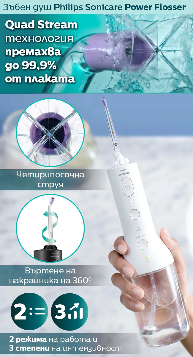 Зъбен душ за изключително почистване на междузъбните пространства с технологията Quad Stream