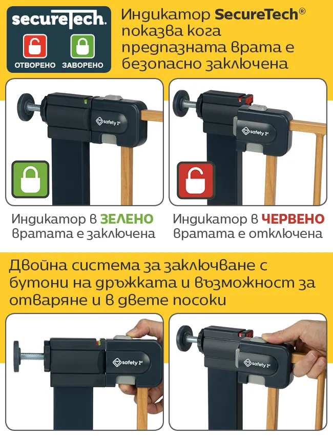 Индикатор SecureTech® показва кога предпазната врата е безопасно заключена