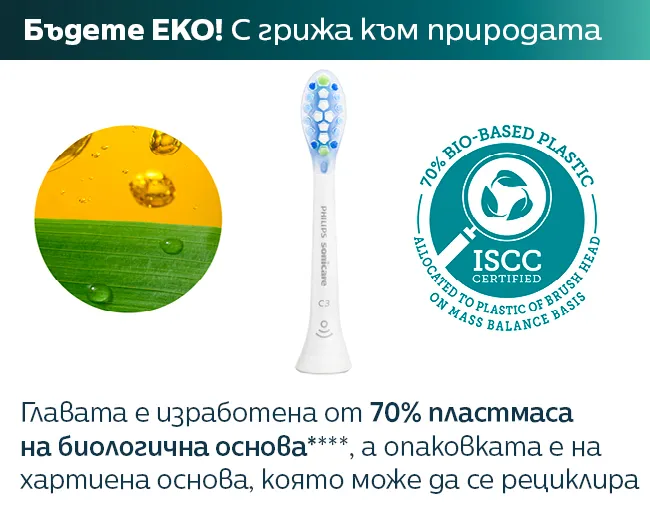 Бъдете ЕКО До 70% от пластмасата, използвана в производството на накрайник Sonicare, е биопластмаса