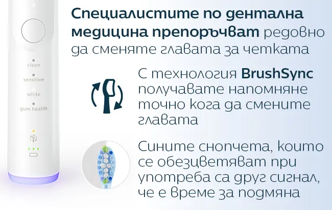 Зъболекарите препоръчват редовно да сменяте главата на четката си на всеки 3 месеца С помощта на технологията BrushSync, получавате напомняне точно кога да смените главата на четката си, синхронизирани с начина ви на почистване зъбите;