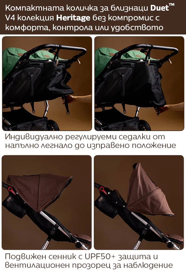 Mountain Buggy Duet V4 Heritage премиум количка за близнаци и породени деца с индивидуално регулируеми седалки, напълно легнало положение, подвижен сенник UPF50+ и вентилационен прозорец