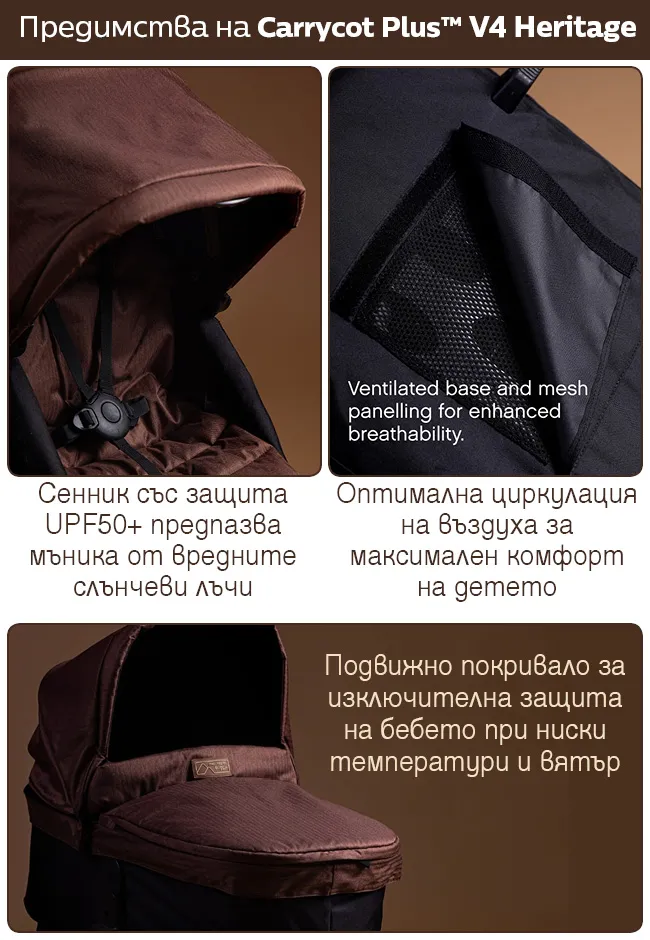 Mountain Buggy Carrycot Plus V4 Heritage кош за новородено със сенник UPF50+, оптимална циркулация на въздуха, вентилирана основа и подвижно покривало за защита от вятър и студ
