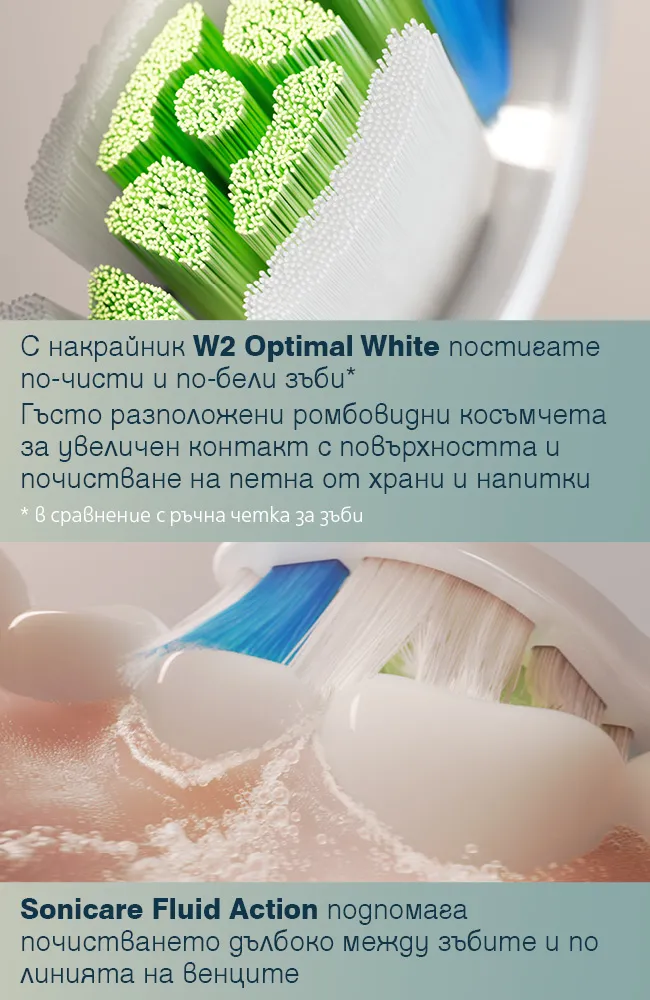 Накрайник Philips Sonicare W2 Optimal White за електрическа звукова четка за зъби Philips Sonicare 4100 HX4041/48 с ромбовидни косъмчета за премахване на петна, по-бели зъби и Sonicare Fluid Action за дълбоко почистване между зъбите и по линията на венците