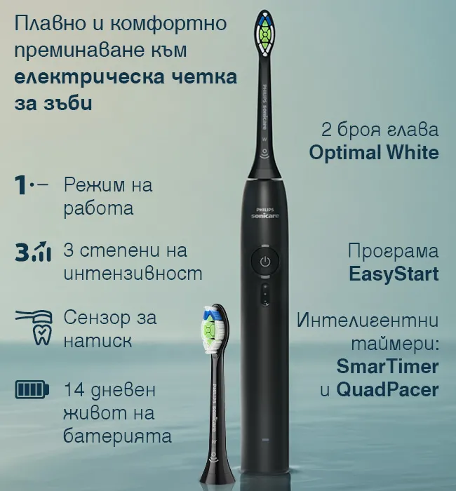 Електрическа звукова четка за зъби Philips Sonicare 3100 HX4032/32 с 2 броя глави Optimal White, 3 степени на интензивност, сензор за натиск, EasyStart, SmarTimer, QuadPacer и до 14 дни живот на батерията