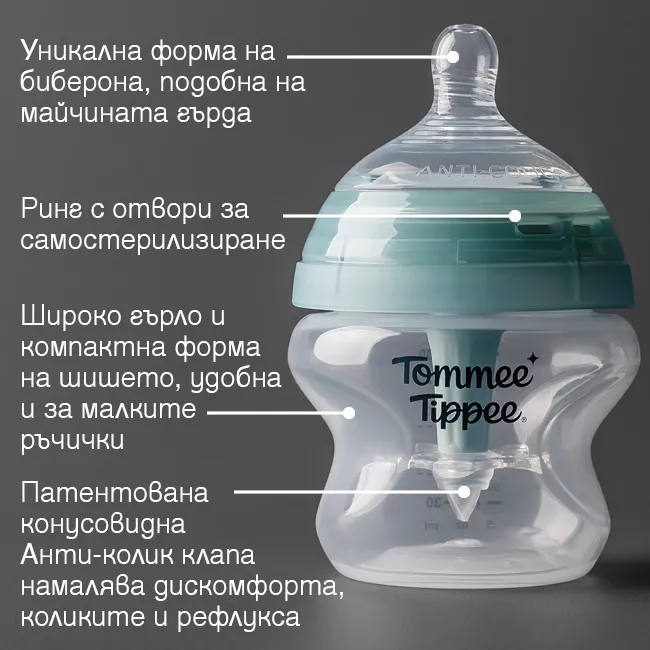 Бебешко шише Tommee Tippee Advanced Anti Colic с мек силиконов биберон с форма на майчина гърда, отвори за самостерилизиране и патентована антиколик клапа за намаляване на колики, рефлукс и дискомфорт при новородено
