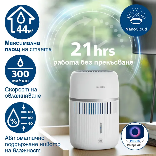 Овлажнител Philips Series 4000 HU4210/04 с NanoCloud за стаи до 44 м² и 21 часа работа Овлажнител за въздух Philips Series 4000 HU4210/04 с технология NanoCloud за помещения до 44 м², капацитет на овлажняване 300 мл/ч, до 21 часа непрекъсната работа, автоматичен контрол на влажността и управление с Philips Air+