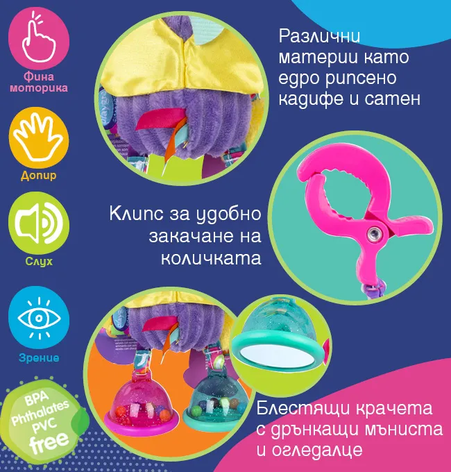 Детайли на висящата бебешка играчка PLAYGRO Dingly Dangly Stella: розов клипс за количка, меки текстури и цветни крачета с дрънкащи мъниста и огледало.