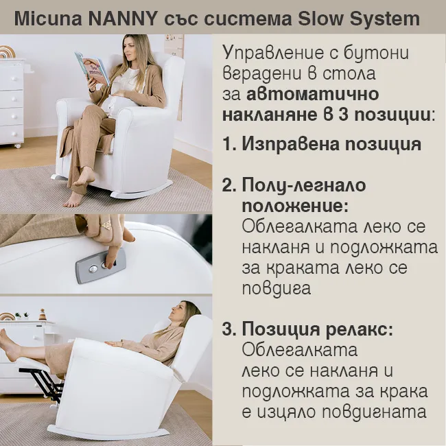 Люлеещ се стол Micuna NANNY с автоматично накланяне Slow System – удобен стол за кърмене и релакс с 3 позиции: изправена, полу-легнала и релакс, с повдигаща се поставка за крака.