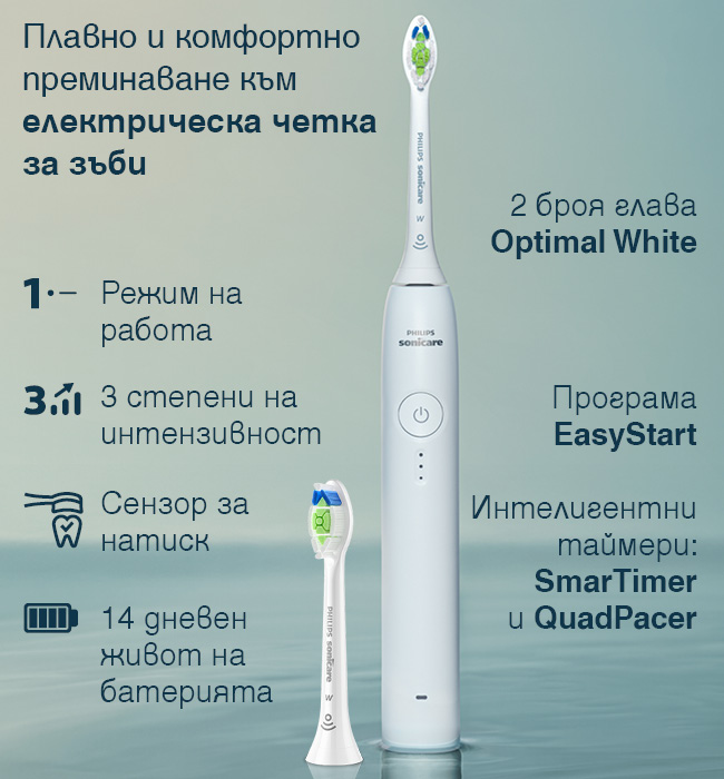 Електрическа звукова четка за зъби Philips Sonicare 3100 HX4032/21 с 2 броя глави Optimal White, 3 степени на интензивност, сензор за натиск, EasyStart, SmarTimer, QuadPacer и до 14 дни живот на батерията