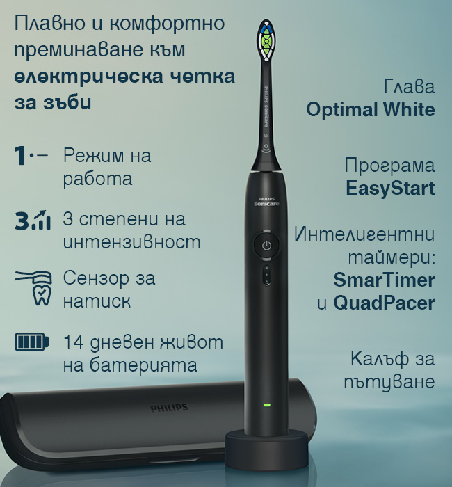 Електрическа звукова четка за зъби Philips Sonicare 3100 HX4033/32 с калъф, глава Optimal White, 3 степени на интензивност, сензор за натиск, EasyStart, SmarTimer, QuadPacer и до 14 дни живот на батерията
